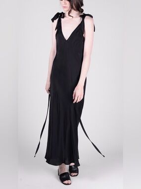 Raquel Allegra Liquid Satin Bias Bow Black Tie-Shoulder V-Neck Maxi Dress 0 (XS)